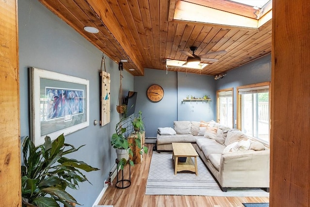 7 Squannacook Ter, Townsend, MA 01469 - living room with wooden ceiling, wood finished floors, baseboards, a baseboard radiator, and a ceiling fan