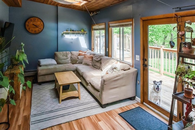 7 Squannacook Ter, Townsend, MA 01469 - living room with wood ceiling, wood finished floors, and baseboards