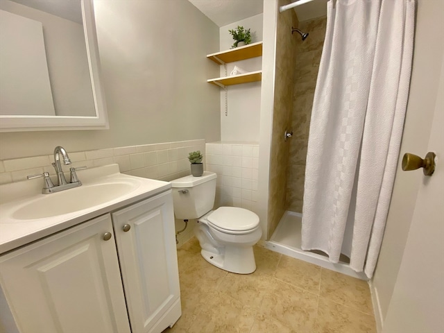 bathroom featuring tile patterned floors, toilet, walk in shower, and tile walls