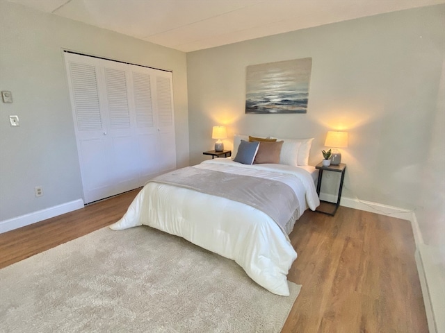 bedroom with hardwood / wood-style flooring and a closet