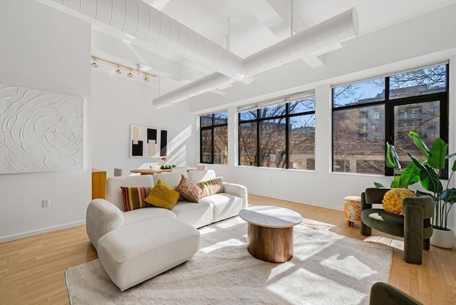 living area with light wood finished floors, rail lighting, a high ceiling, and baseboards