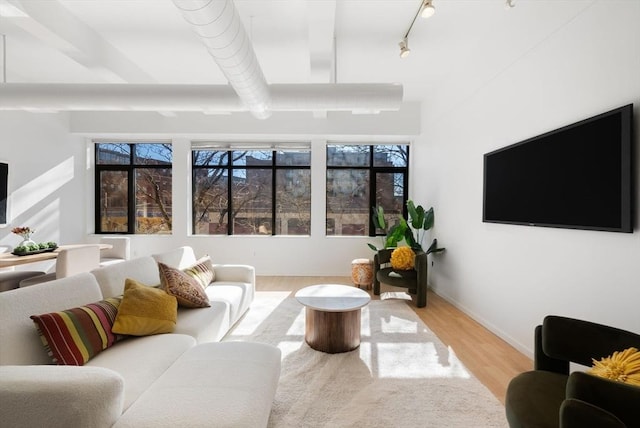 living area with track lighting, baseboards, and light wood-style floors