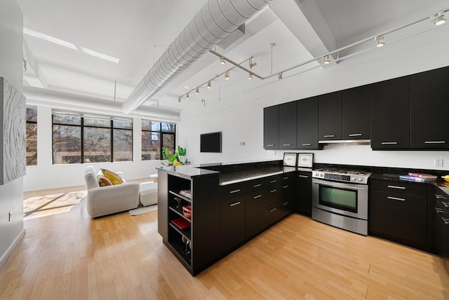 kitchen featuring dark cabinetry, gas stove, a towering ceiling, dark countertops, and open floor plan