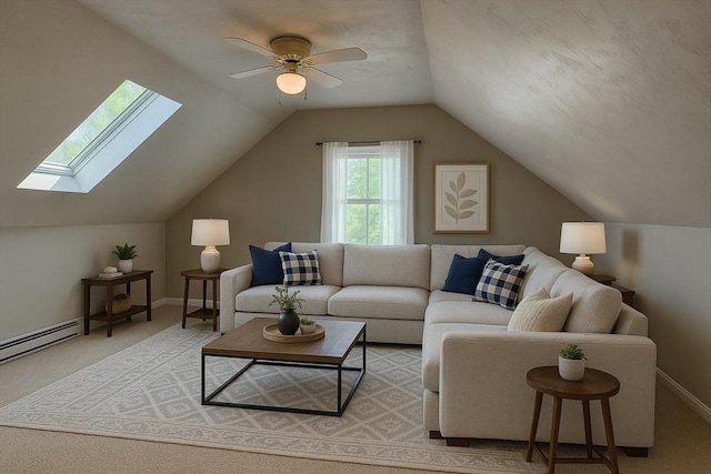 6 Minerva St, Swampscott, MA 01907 - living room with light colored carpet, vaulted ceiling, a skylight, a ceiling fan, and baseboards