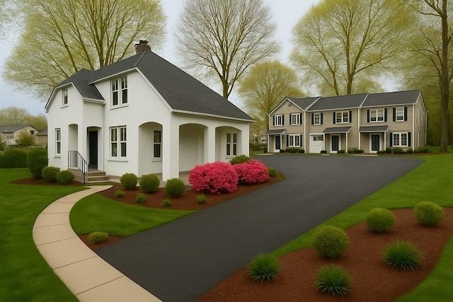 909 High St, Fall River, MA 02720 - view of front facade with a chimney, stucco siding, and a shingled roof
