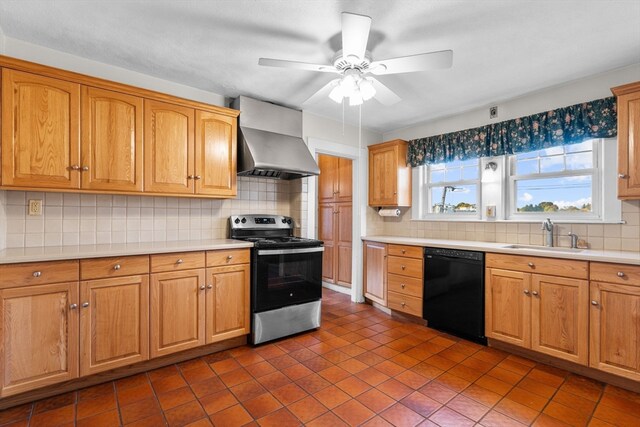 kitchen with stainless steel electric stove, tasteful backsplash, dishwasher, wall chimney exhaust hood, and sink