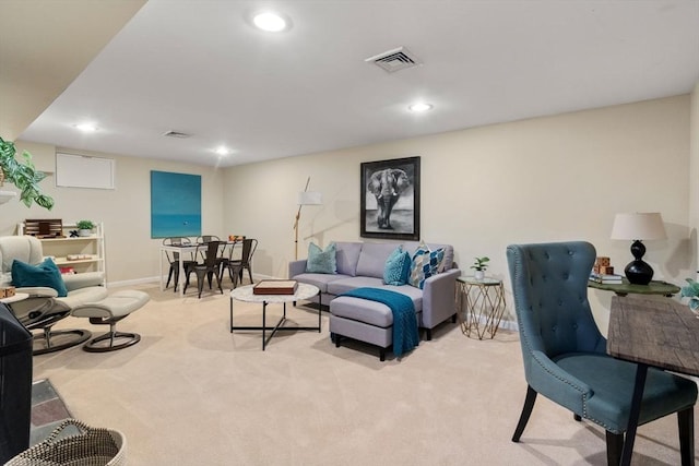 living room featuring light colored carpet