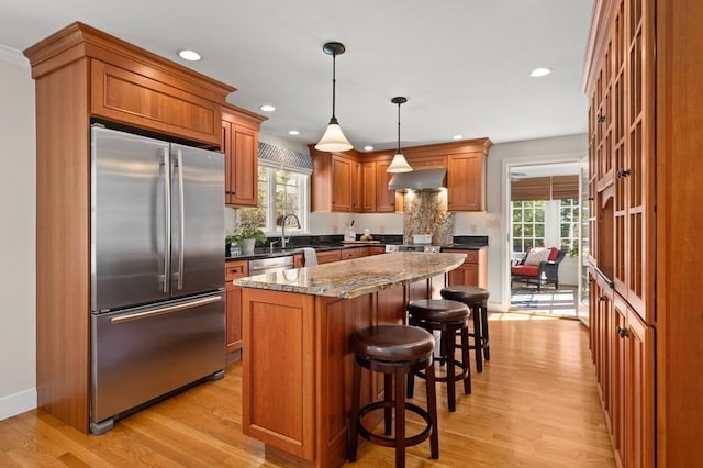 kitchen featuring plenty of natural light, light wood-style flooring, stainless steel appliances, and exhaust hood