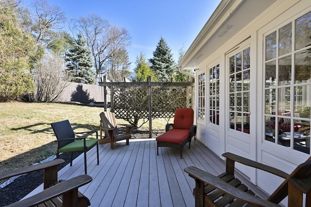 deck with a yard and fence