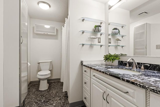 bathroom with visible vents, baseboards, toilet, marble finish floor, and vanity