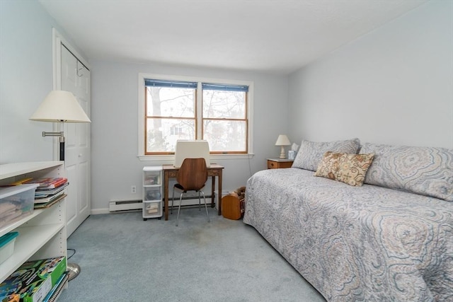 bedroom featuring a baseboard radiator and light carpet