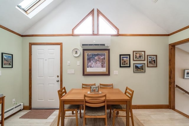 dining space with a wall unit AC, light wood-style flooring, baseboards, and baseboard heating