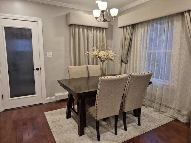 2 Neponset Pl, Canton, MA 02021 - dining room featuring a baseboard heating unit, a chandelier, hardwood / wood-style floors, ornamental molding, and baseboards