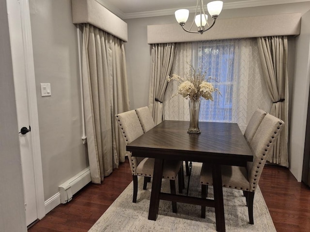 2 Neponset Pl, Canton, MA 02021 - dining space featuring a baseboard heating unit, a chandelier, ornamental molding, wood finished floors, and baseboards