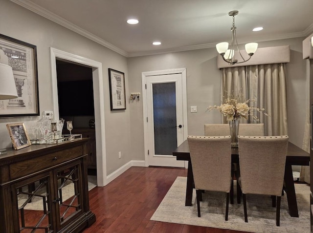 2 Neponset Pl, Canton, MA 02021 - dining space with a chandelier, dark wood-style flooring, recessed lighting, crown molding, and baseboards