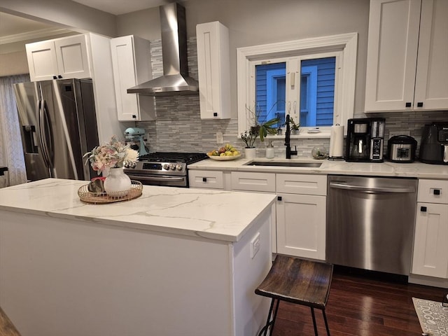 2 Neponset Pl, Canton, MA 02021 - kitchen featuring stainless steel appliances, wall chimney range hood, a sink, tasteful backsplash, and dark wood-style floors