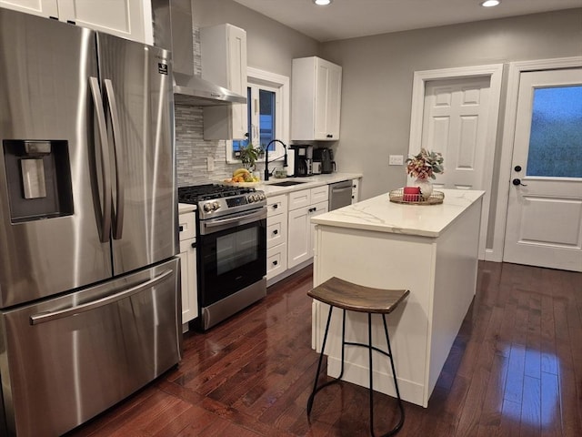 2 Neponset Pl, Canton, MA 02021 - kitchen featuring stainless steel appliances, wall chimney range hood, a sink, recessed lighting, and dark wood-style floors