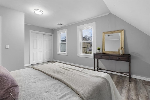 bedroom featuring lofted ceiling, dark hardwood / wood-style flooring, and a closet