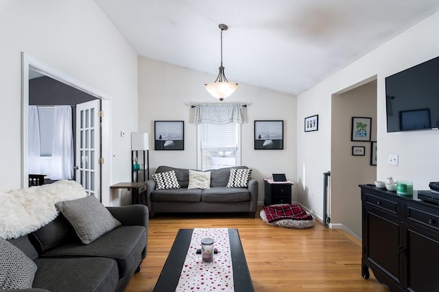 living room with lofted ceiling and light wood finished floors