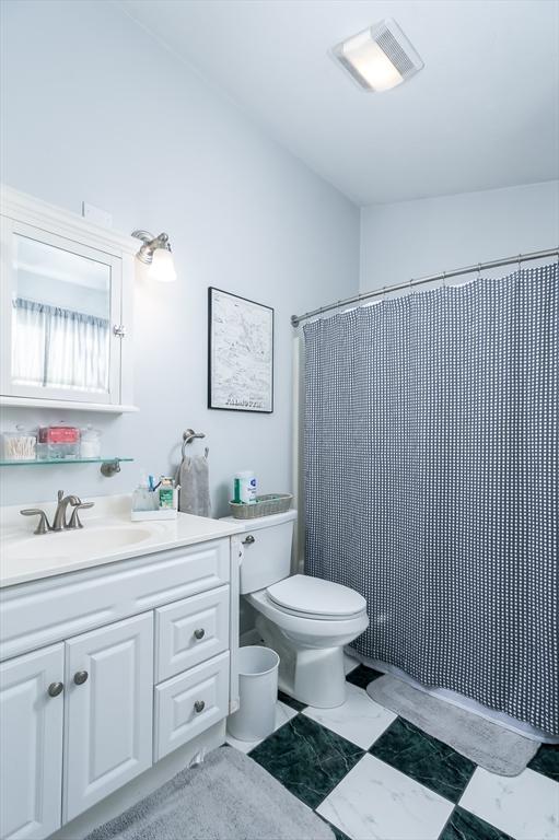 bathroom with vanity, toilet, and curtained shower