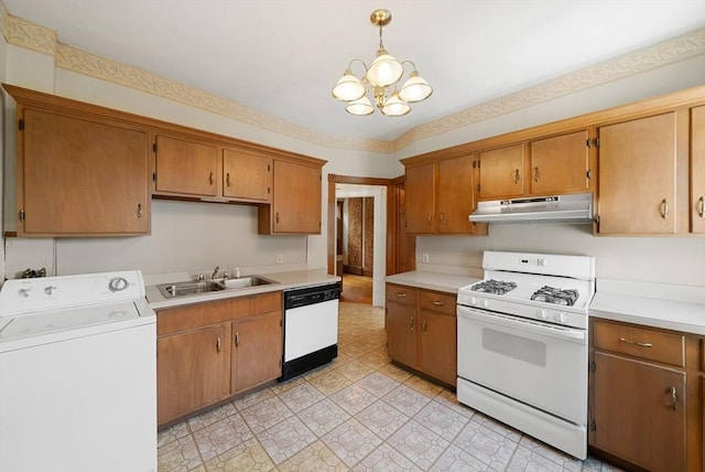 562 Broadway, Everett, MA 02149 - kitchen featuring washer / clothes dryer, white appliances, under cabinet range hood, a chandelier, and light countertops