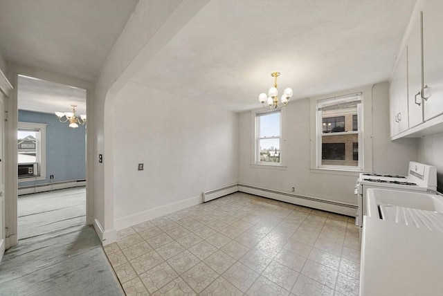 562 Broadway, Everett, MA 02149 - unfurnished dining area featuring a chandelier, washing machine and clothes dryer, and a baseboard radiator