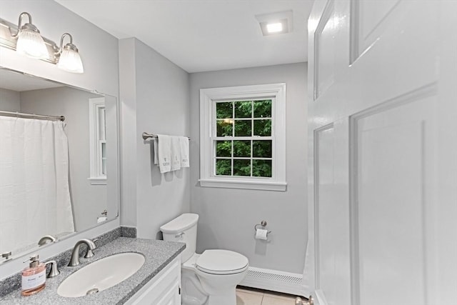 300 Maple St, Franklin, MA 02038 - bathroom featuring baseboard heating, vanity, tile patterned floors, toilet, and a shower with shower curtain