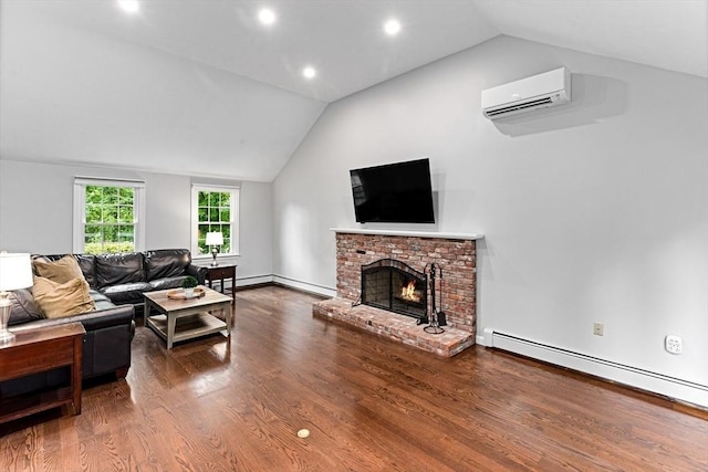 300 Maple St, Franklin, MA 02038 - living area with lofted ceiling, an AC wall unit, a baseboard heating unit, wood finished floors, and a brick fireplace