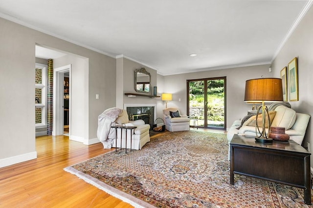 34 Lagrange St, Brookline, MA 02467 - living area featuring wood finished floors, a fireplace, and crown molding