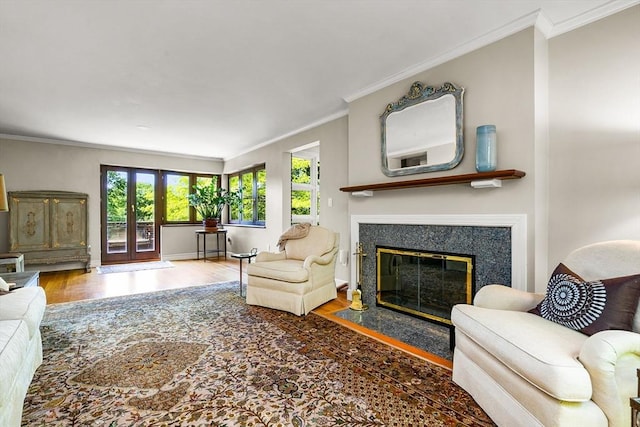 34 Lagrange St, Brookline, MA 02467 - living room with wood finished floors, a fireplace, and ornamental molding