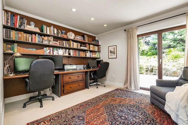 34 Lagrange St, Brookline, MA 02467 - office area with built in desk, ornamental molding, recessed lighting, and carpet