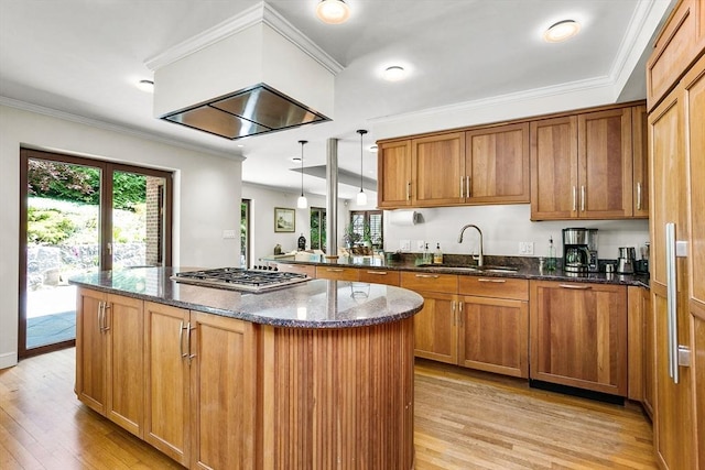 34 Lagrange St, Brookline, MA 02467 - kitchen featuring stainless steel gas cooktop, brown cabinets, light wood finished floors, and ornamental molding