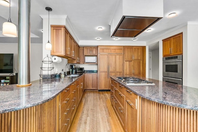 34 Lagrange St, Brookline, MA 02467 - kitchen with appliances with stainless steel finishes, light wood-style flooring, brown cabinetry, dark stone counters, and custom range hood