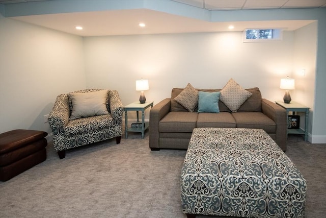 living area with carpet flooring, recessed lighting, a paneled ceiling, and baseboards