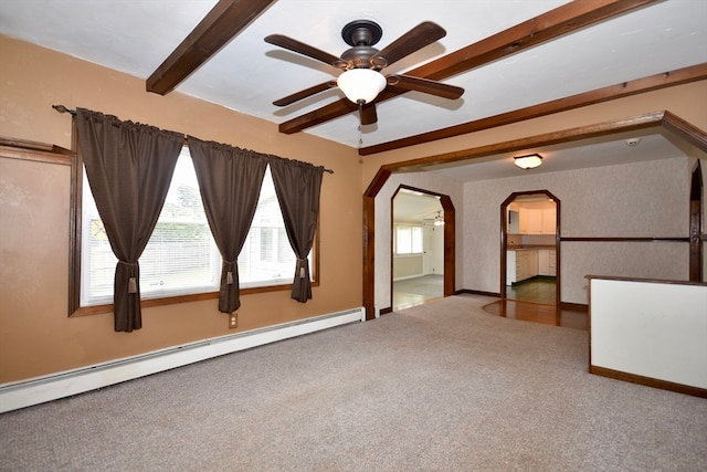 empty room with beam ceiling, carpet, a baseboard heating unit, and ceiling fan