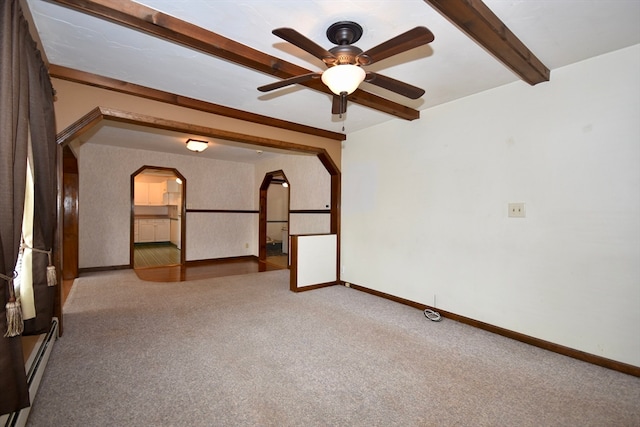 carpeted spare room with beam ceiling, ceiling fan, and baseboard heating