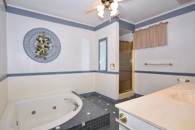 bathroom with ceiling fan, independent shower and bath, vanity, crown molding, and tile patterned floors