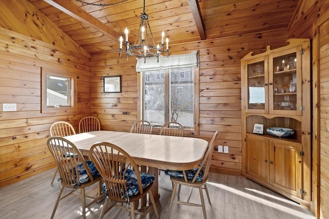 10 Chadwell Ave, Sandwich, MA 02563 - dining area with wooden ceiling, an inviting chandelier, wood walls, light wood-style floors, and vaulted ceiling with beams