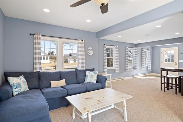 10 Chadwell Ave, Sandwich, MA 02563 - carpeted living area featuring recessed lighting, a baseboard radiator, baseboards, and ceiling fan