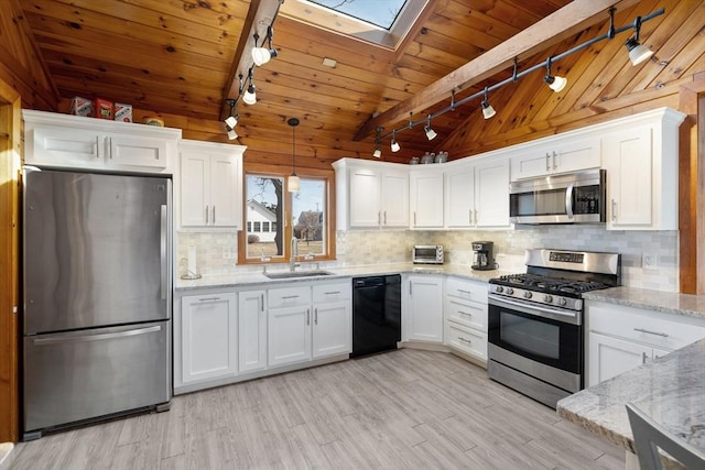 10 Chadwell Ave, Sandwich, MA 02563 - kitchen featuring wood ceiling, a sink, white cabinets, and stainless steel appliances