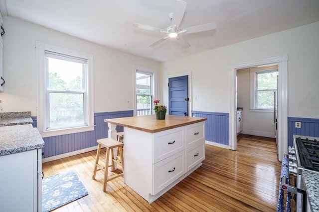 kitchen with wainscoting, wooden counters, light wood-type flooring, white cabinets, and plenty of natural light