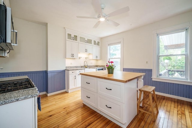 kitchen featuring butcher block countertops, light wood-style floors, wainscoting, a sink, and glass insert cabinets