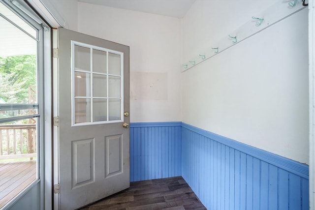 entryway featuring a wainscoted wall, healthy amount of natural light, and dark wood-type flooring