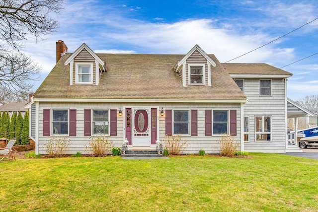 cape cod-style house featuring roof with shingles, a chimney, and a front yard