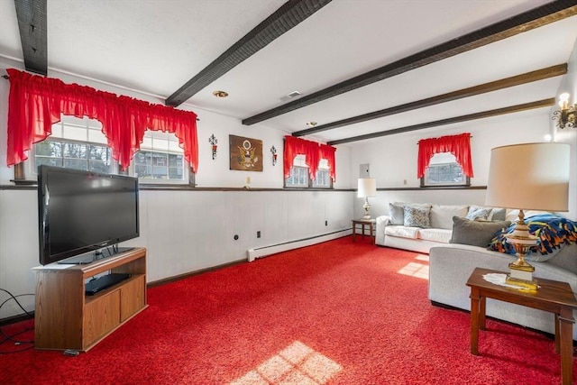 living area with carpet, beamed ceiling, a baseboard radiator, and visible vents