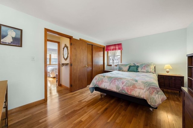 bedroom featuring a closet, multiple windows, baseboards, and wood finished floors