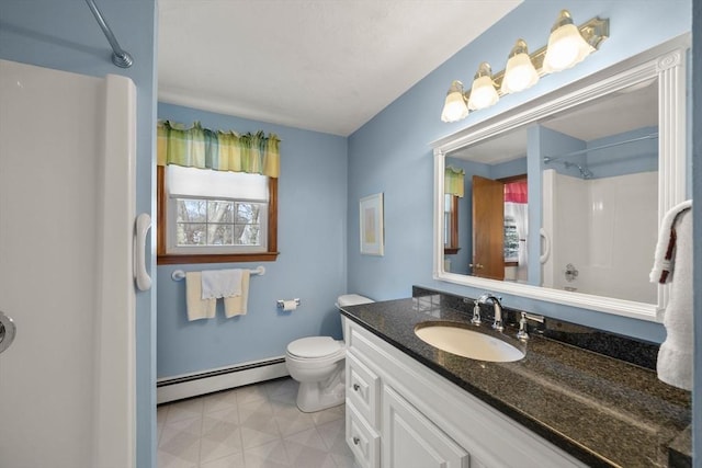 bathroom with toilet, baseboard heating, walk in shower, and vanity