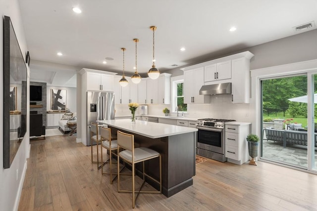 35 E St, Middleton, MA 01949 - kitchen featuring stainless steel appliances, under cabinet range hood, a breakfast bar area, light countertops, and light wood-type flooring