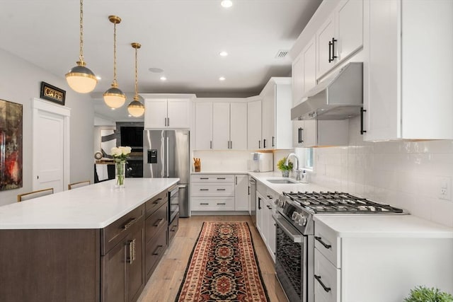 35 E St, Middleton, MA 01949 - kitchen with stainless steel appliances, under cabinet range hood, a kitchen island, dark brown cabinetry, and light wood finished floors