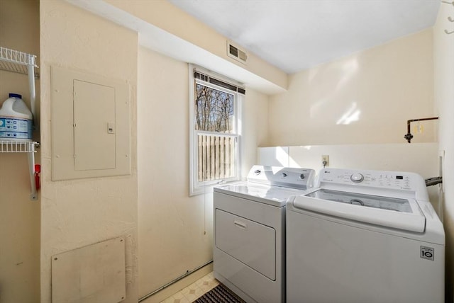 laundry area with visible vents, laundry area, washing machine and dryer, and electric panel